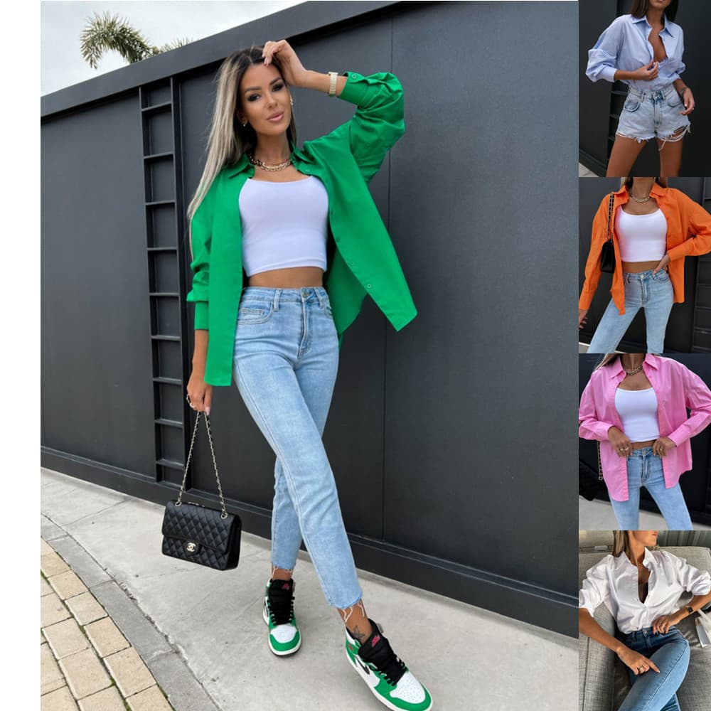Cross-border 2024 Spring/Summer New Arrival Amazon European and American Women's Loose Solid Color Long Sleeve V-Neck Button Blouse Shirt