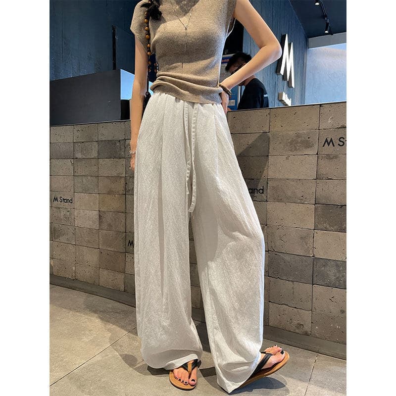 Loose Hemp-Colored Wide-Leg Pants for Women, Summer Thin Style with a Draping Feel, Old Money Style, Petite Casual Pants with a Relaxed Vibe