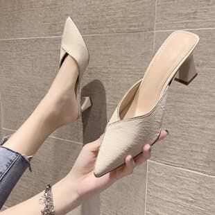 Trendy Wrapped Toe Half Slippers for Women Spring 2026 Summer New Arrival Fairy Style Pointed Toe Chunky Heel High Heel Fitting Room Sandals