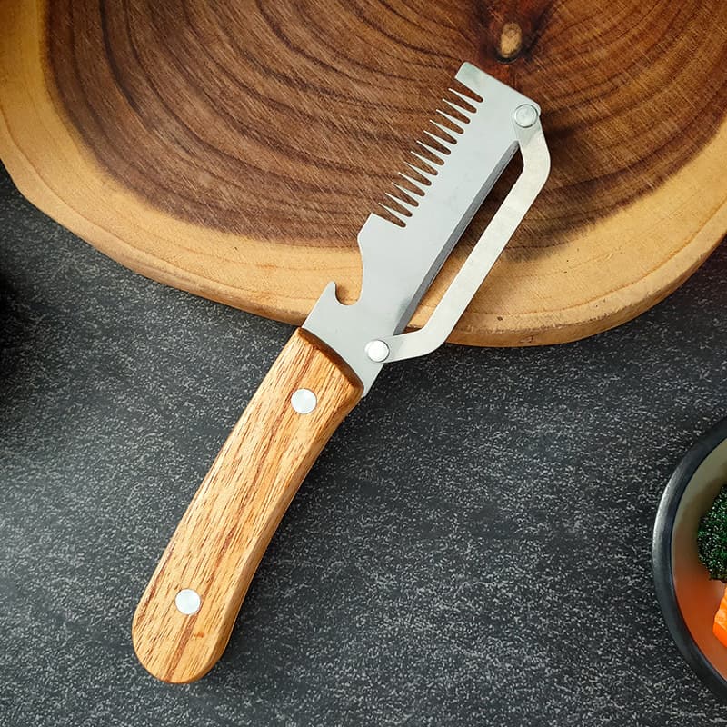 Scallion slicer, scallion shredder, multi-functional kitchen peeler, bottle opener, sugarcane and pumpkin peeler.