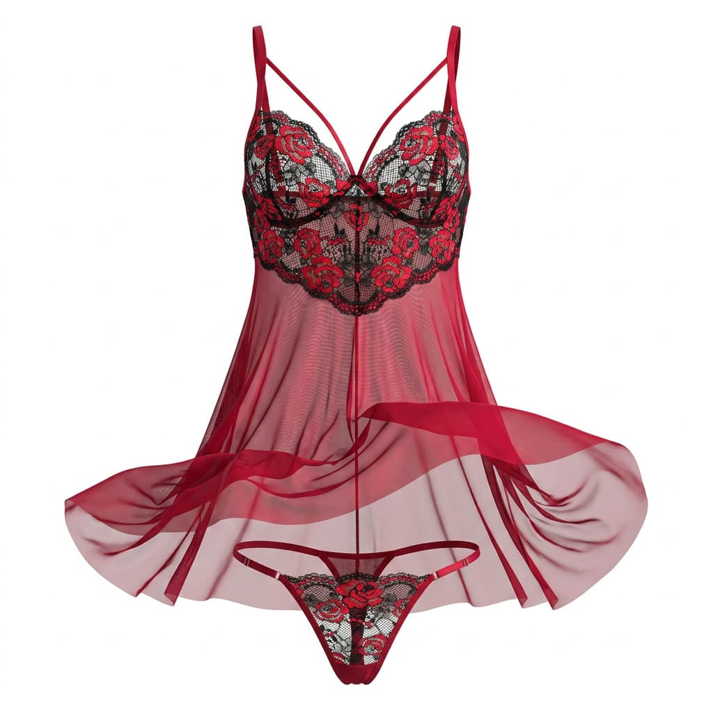 Cross-border Trade Lingerie OEM Lace Mesh Embroidery Sexy Nightgown Camisole Sleep Dress Thong Set