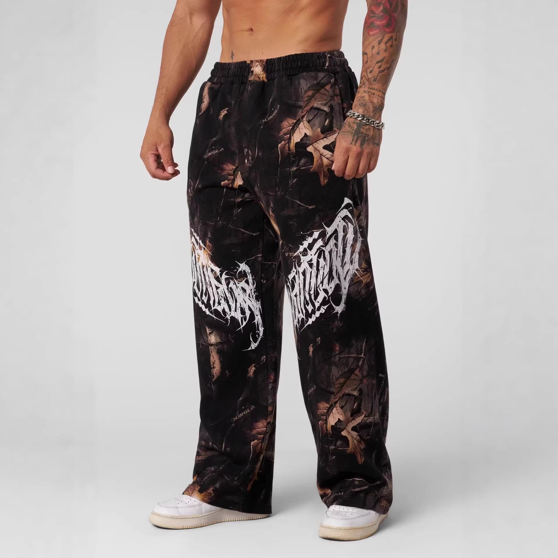 Youngla Men's Sports Pants with Leaf Camouflage Print, Straight-Leg Casual Pants, Loose-Fitting Outdoor Wide-Leg Long Pants