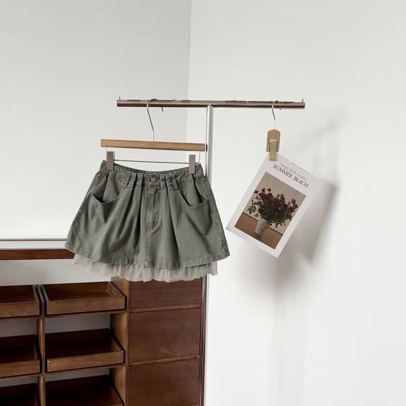 Tangtang~ Commuting style mesh splicing puffy skirt for women army green versatile retro short skirt for summer