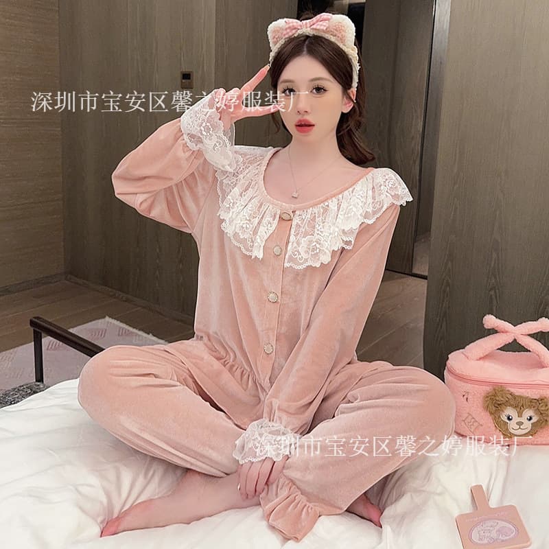 Velvet Pajamas for Women Autumn Winter New Sweet Princess Style Lace Trim Long Sleeve Warm Homewear Two-Piece Set