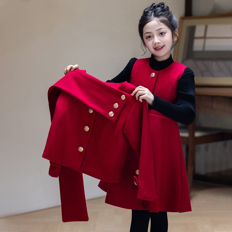 Girls' woolen suit red autumn and winter new quilted style children's birthday and New Year's greetings baby two-piece set