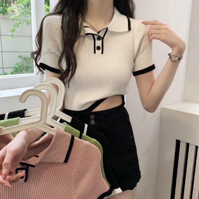 Contrast Color polo Collar Shoulder Knitted Short-sleeved T-shirt Women's Summer Slim-fit T-shirt Design Sense Niche Short Top Clothes