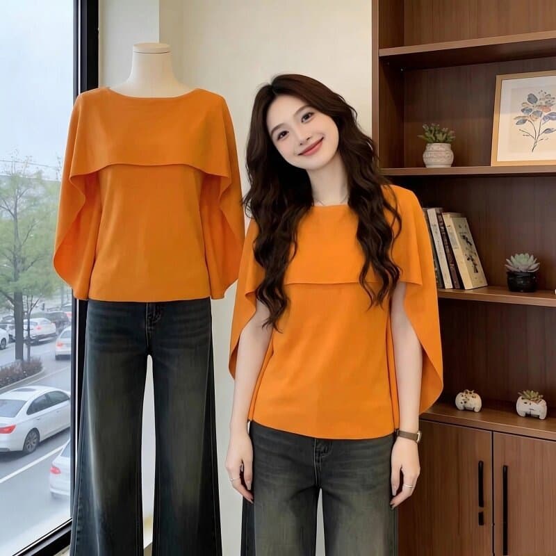 Orange Cape Shoulder-Pad Short-Sleeve T-Shirt Women 2026 Spring Summer New Plus Size Lazy Style Top