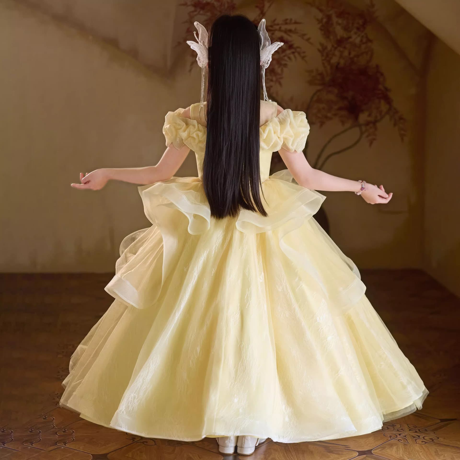 Yellow Girls Formal Dress Birthday Stunning Princess Dress French Light Luxury Niche Host Kids Piano Performance