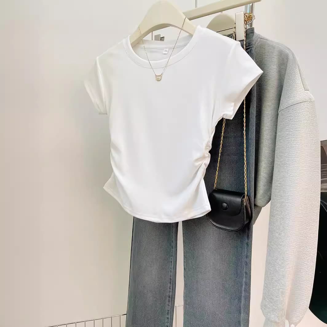 Shoulder T-shirt Women's Short-sleeved Summer Slim-fit Slimming Sweet and Spicy Pure Irregular Pleated Short Shirt Top