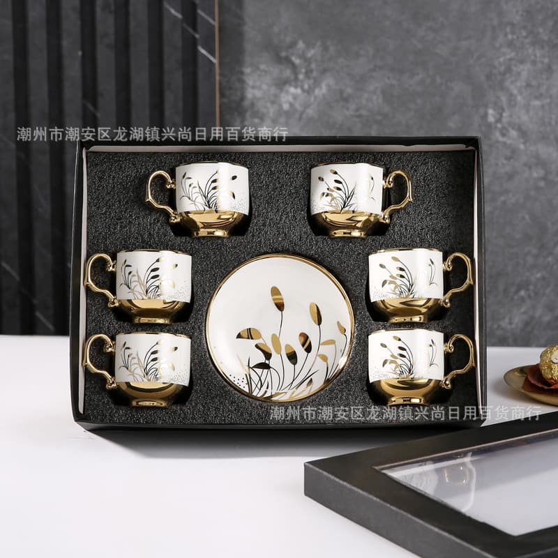 Cross-border coffee cup and saucer set Arab Middle Eastern ceramic cup European style electroplated cup and saucer set 6 cups 6 saucers wholesale