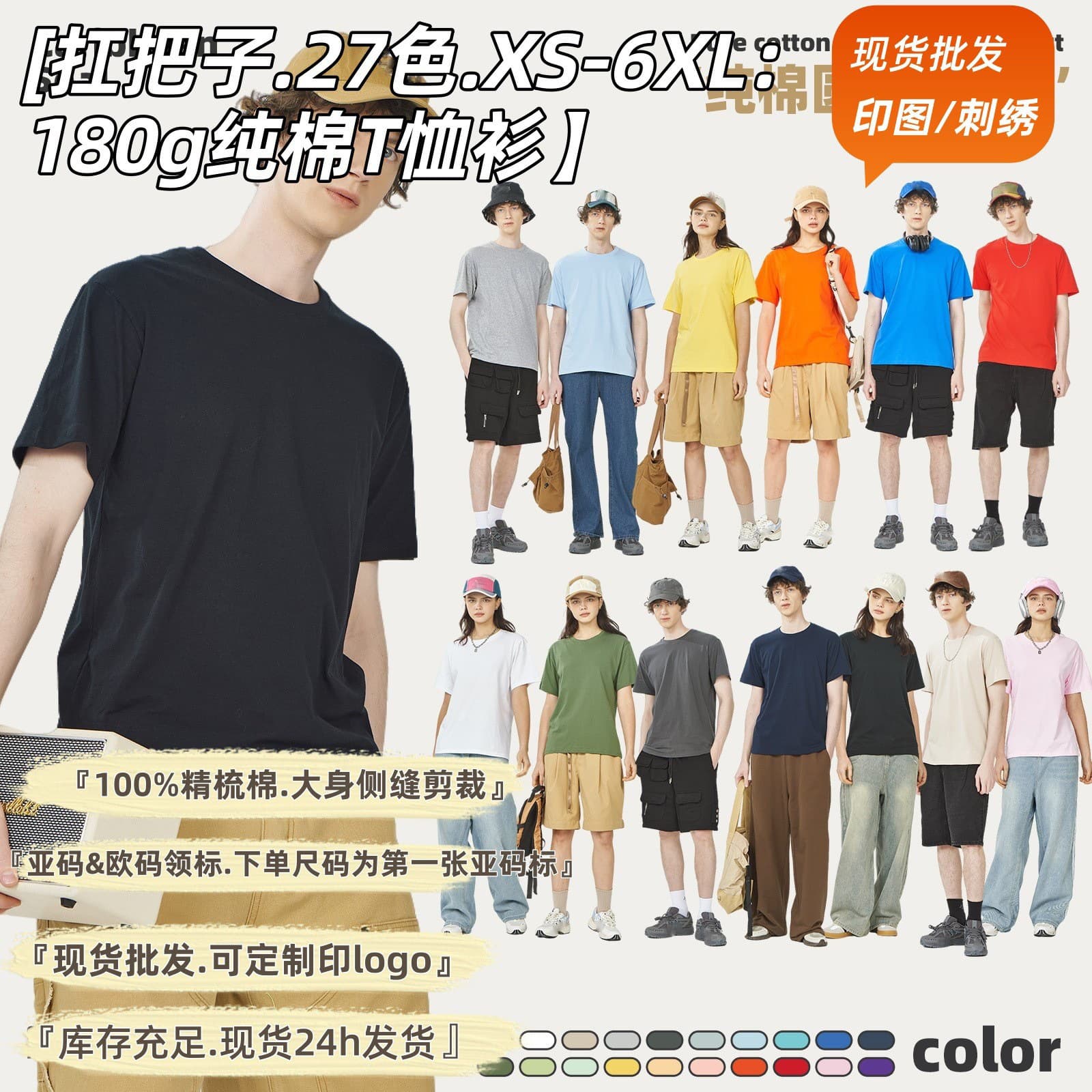 Guangzhou Warehouse 180g Pure Cotton Side-Seam Short Sleeve Crew Neck Men's T-Shirt, Fashionable Undershirt, Custom Print T-Shirt