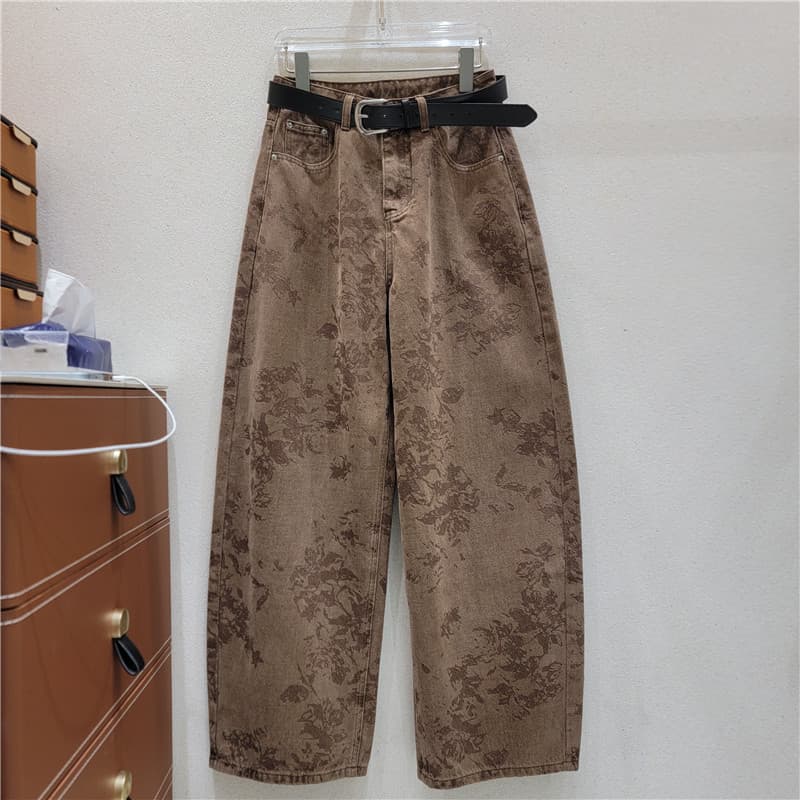 Vintage Floral Jacquard Wide-Leg Jeans for Women 2026 Autumn Coffee Color Curved Knife Pants Relaxed Fit Drawstring Floor-Length