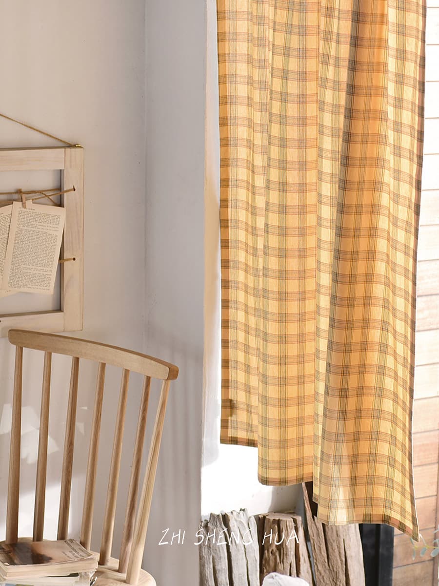 French Retro Checkered Door Curtain, No-Drill Partition Fabric for Home Entryways, Customizable New Small Window Curtain