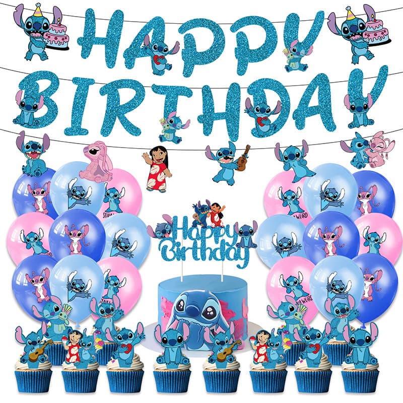 Stitch themed Lilo and Stitch Birthday Glitter Flag Banner Latte Flower Cake Card Balloon Party Decoration