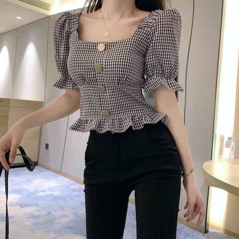 Japanese Sweet Plaid Blouse for Women Student Korean Style 2025 Summer New Short Backless Shirt