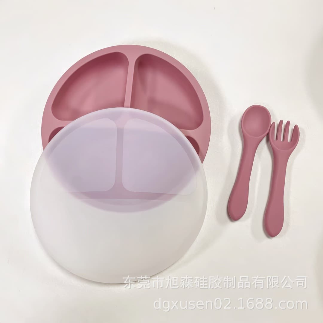 Cross-border best-selling silicone feeding plate with lid, fork and spoon, baby food plate, child anti-drop silicone partitioned plate