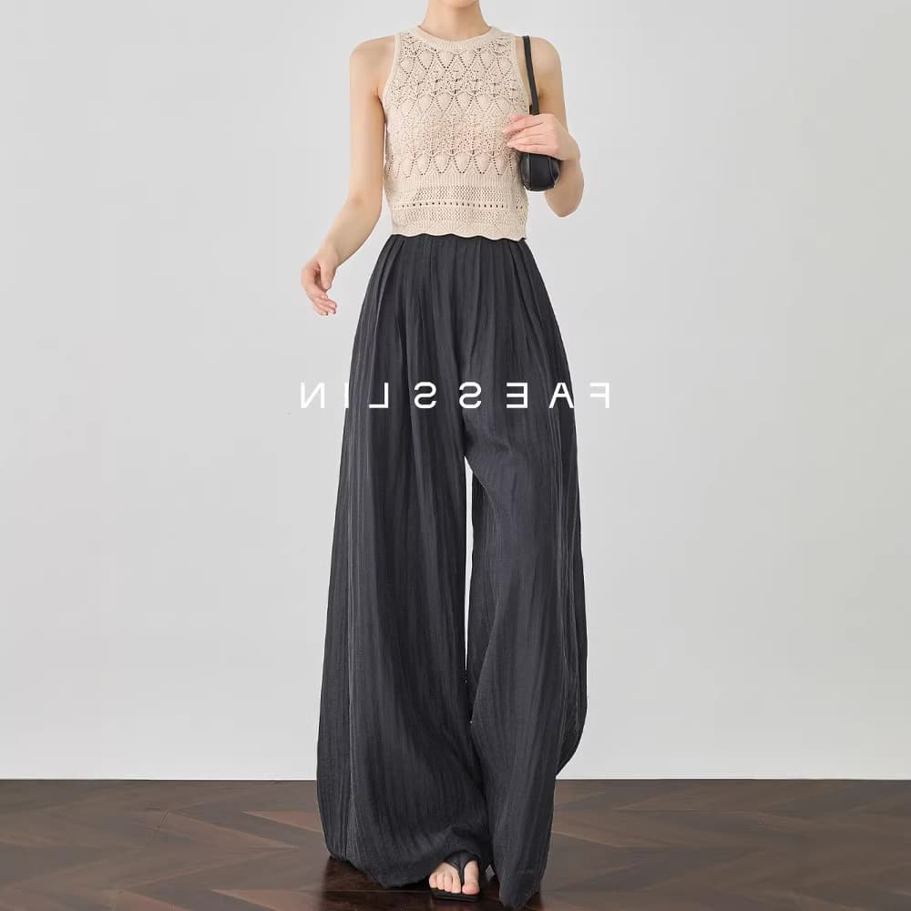2026 New Style [Silk] Black Wide-Leg Pants for Women, Summer Thin Drapey Tencel Skirt Pants, Straight Casual Pants