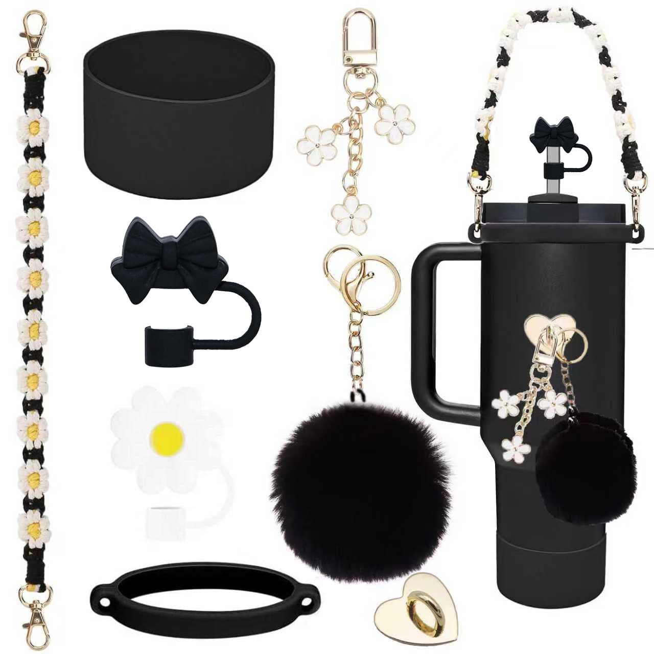 Stanley water bottle set with metal pendant, woven handle, dust plug, straw cap, and multiple combinations.