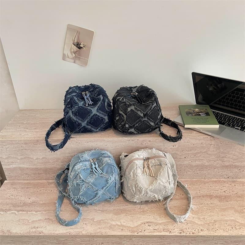 Vintage Frayed Diamond Denim Shoulder Bag for Women, Fashionable Patchwork Unique Design Crossbody Bag for Work Commute