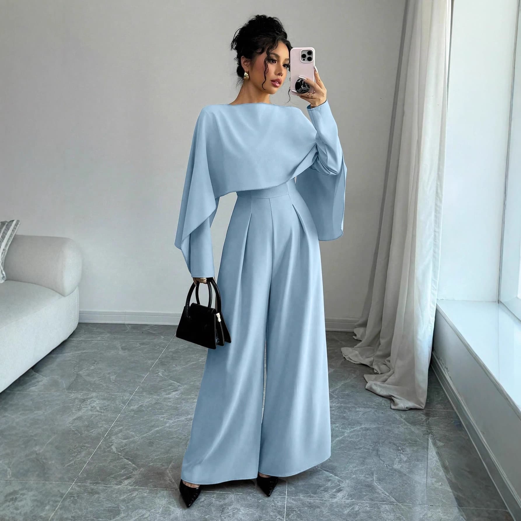 Cross-border European and American Women's Fashion 2025 Spring/Autumn Elegant Waist-Cinching Solid Color Long-Sleeve Round Neck Wide-Leg Jumpsuit