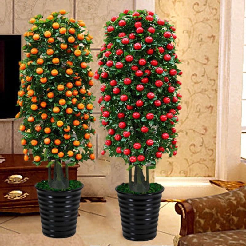 Artificial Apple Tree, Orange Tree, Large Decorative Potted Plant, Floor-Standing Bonsai, Simulated Green Plant, Plastic Fake Flowers for Living Room Display