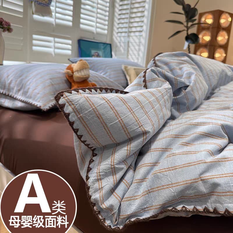 Ins Style 4-Piece Set, Pure Cotton Fitted Sheet and Duvet Cover, Men's Summer Dormitory Single Bedding 3-Piece Set A