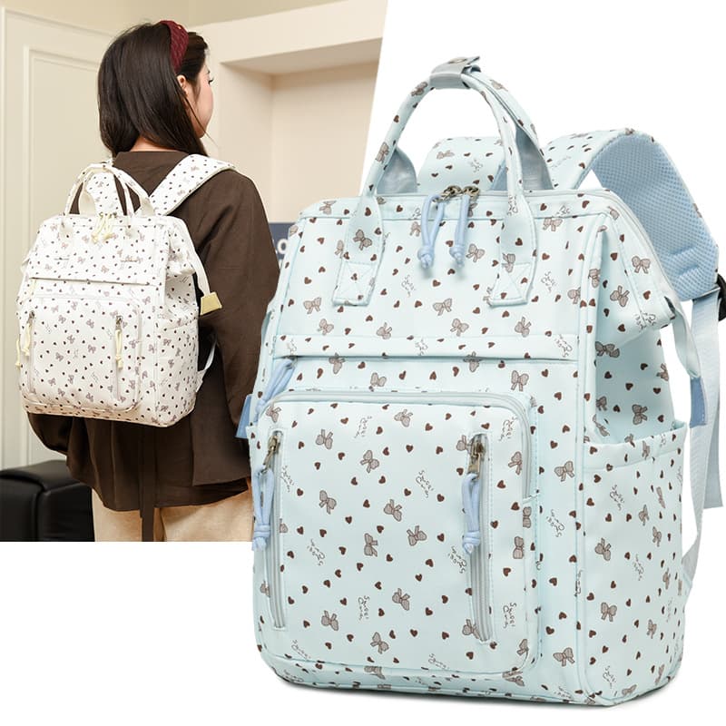 Trendy Floral Bow Mom Backpack Large Capacity Shoulder & Handbag for Outings, Baby Care, and Hospital Bag Storage