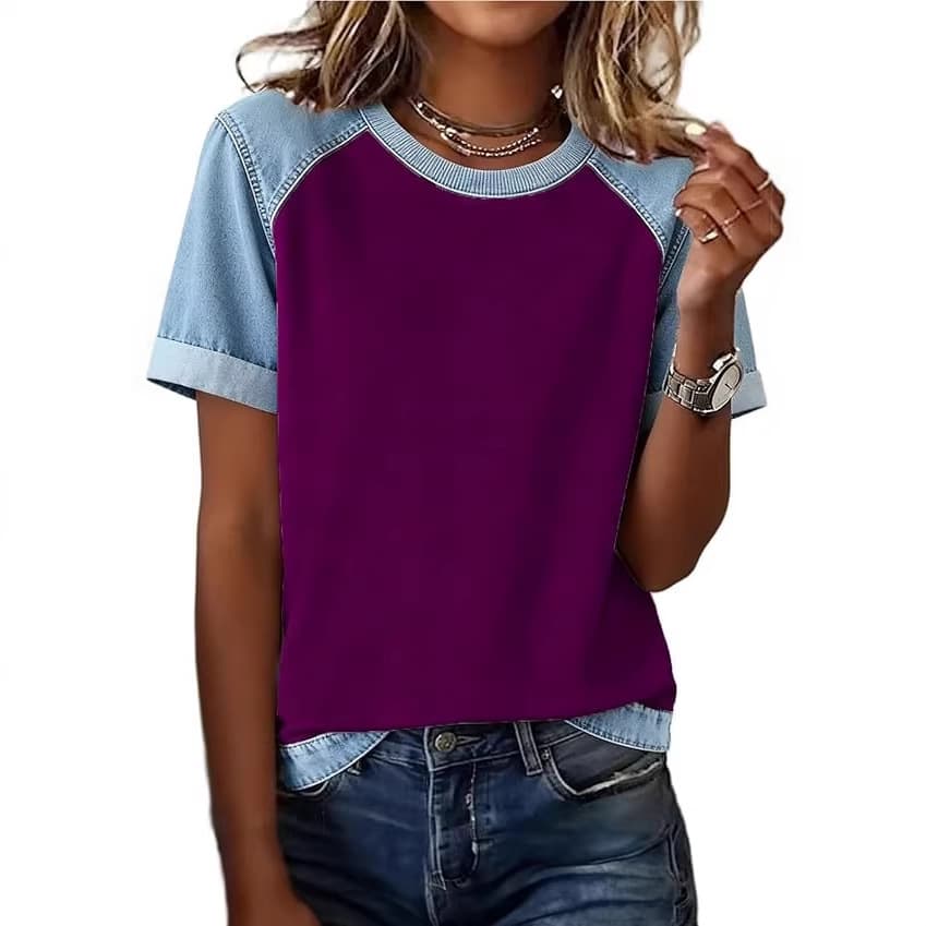 2026 New Model Independent Brand European and American Style 3D Printed Denim Patchwork Round Neck Short Sleeve Loose Casual 3D Digital Print