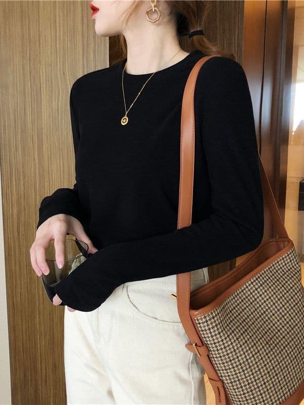 Thickened Long Sleeve Round Neck Velvet T-Shirt Women's Base Layer Shirt Brushed Inner Wear Slim Fit Casual Style Polyester