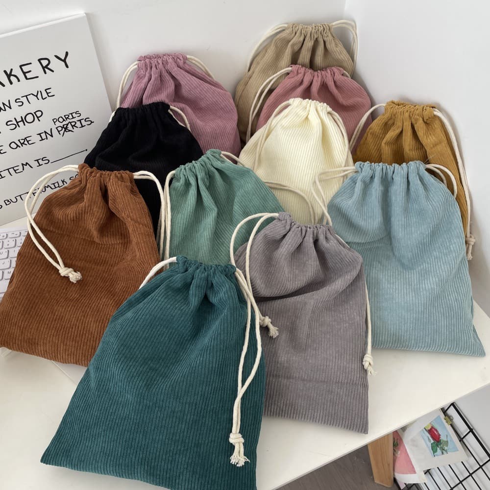 410168 Corduroy Solid Color Storage Blank Style Drawstring Makeup Bag, Portable Large Capacity Three-Piece Set for Women