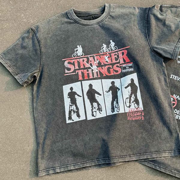 Stranger Things Vintage Washed Distressed Short Sleeve T-Shirt, American Retro Street Style Loose Digital Direct Print T-Shirt