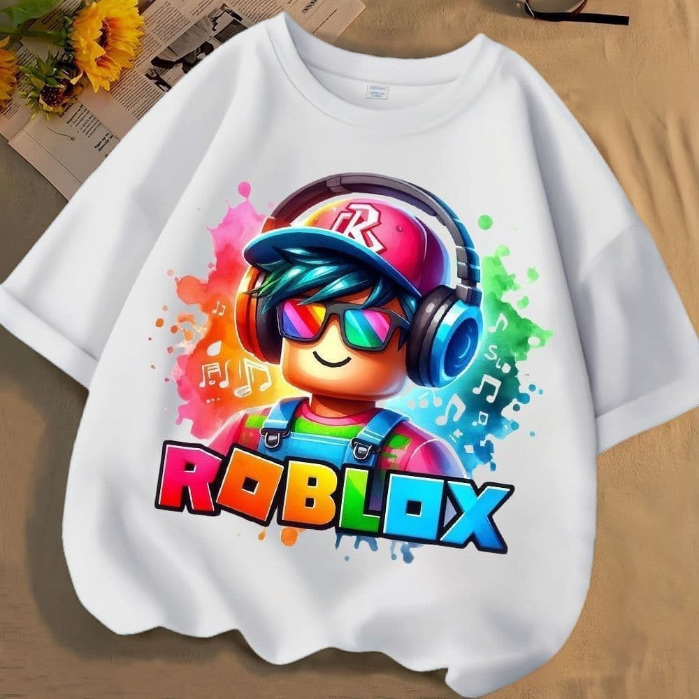 Cross-border cute Roblox spring boys and girls, medium and large children solid color short-sleeved loose round neck loose t-shirt trendy