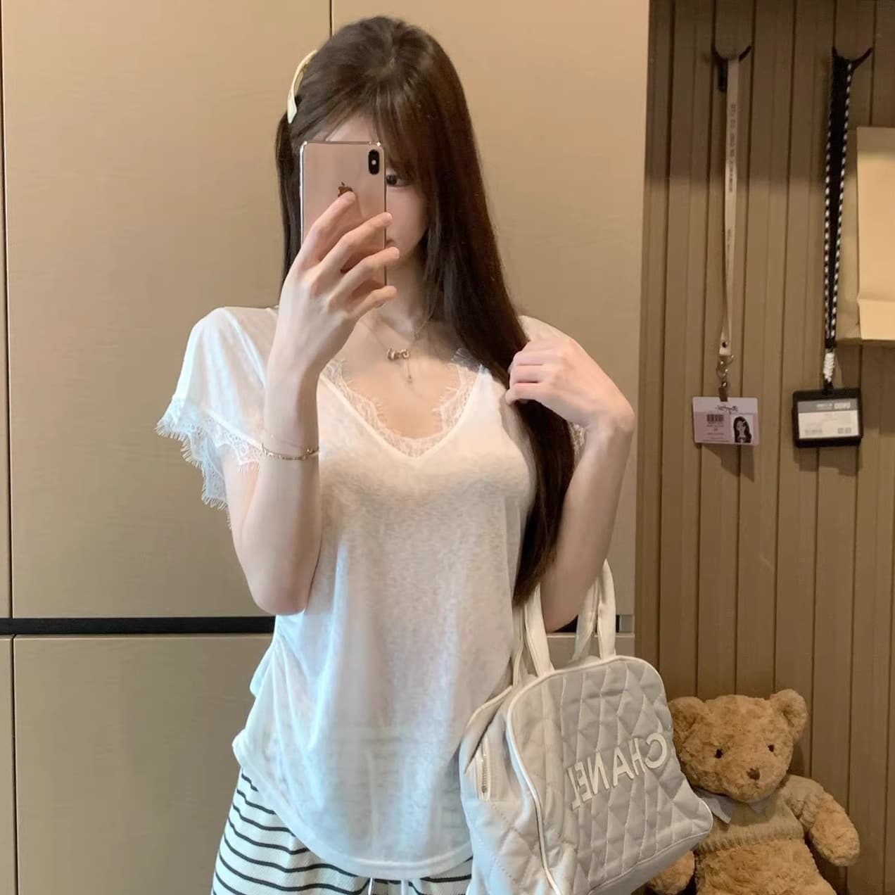 [Original lace] French V-neck lace splicing loose top women's 2025 summer slim short-sleeved T-shirt