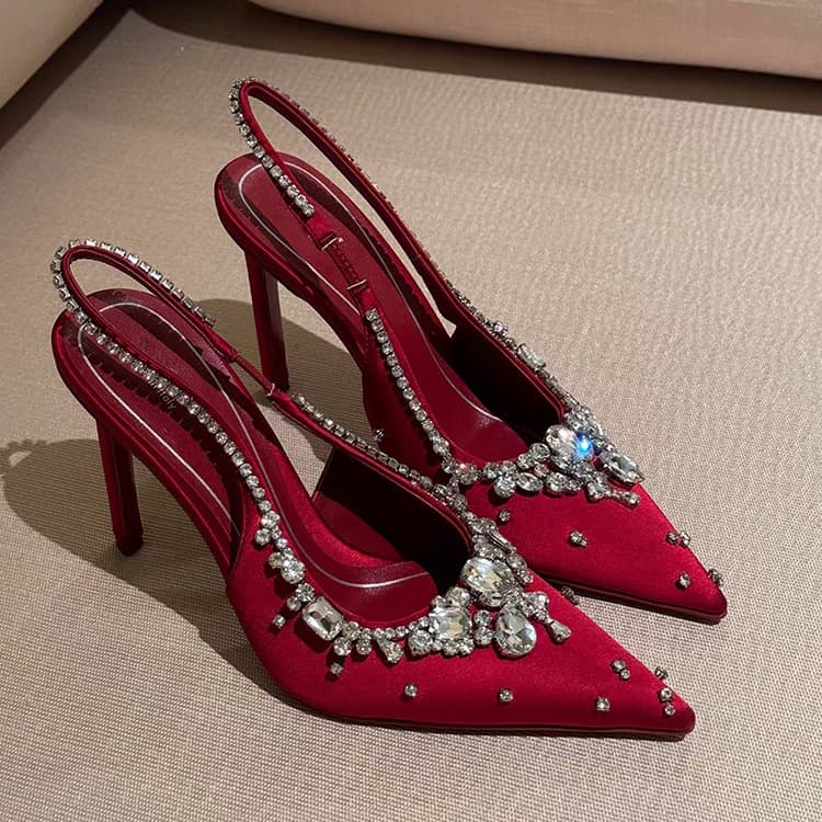 In Stock Hot Selling Satin Closed-Toe Women's Shoes, Catwalk Bride Wedding Shoes Rhinestone Pointed Toe High Heels for Bridesmaids