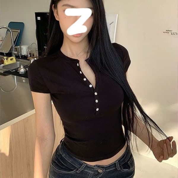 2025 New Summer Short Sleeve T-Shirt with Button Design, Round Neck, Slim Fit, Figure-Flattering Top for Women