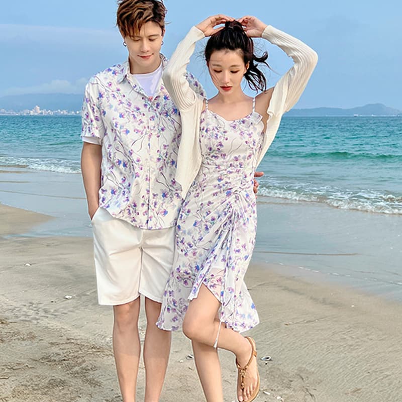2023 Summer Beach Couple Outfit: Men's Short-Sleeve Shirt & Women's Bohemian Dress