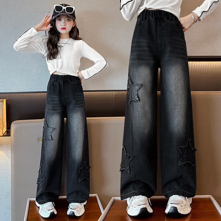 Girls' Jeans Spring/Fall 2025 New Style Straight Leg Pants for Middle and Older Children, Fashionable Loose Wide Leg Pants for Little Girls