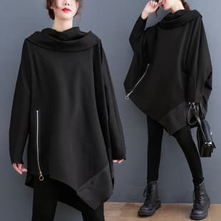 2026 Spring New Arrival Korean Style Plus Size Pullover Mock Neck Long Sleeve Irregular Mid-Length Sweatshirt