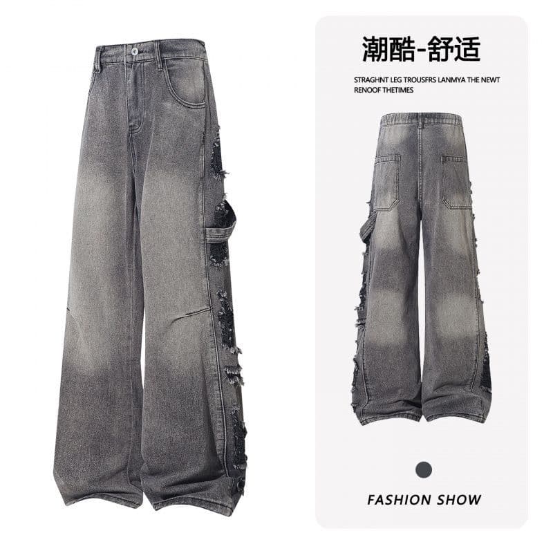 Ripped raw edge washed casual jeans men's new retro straight trousers