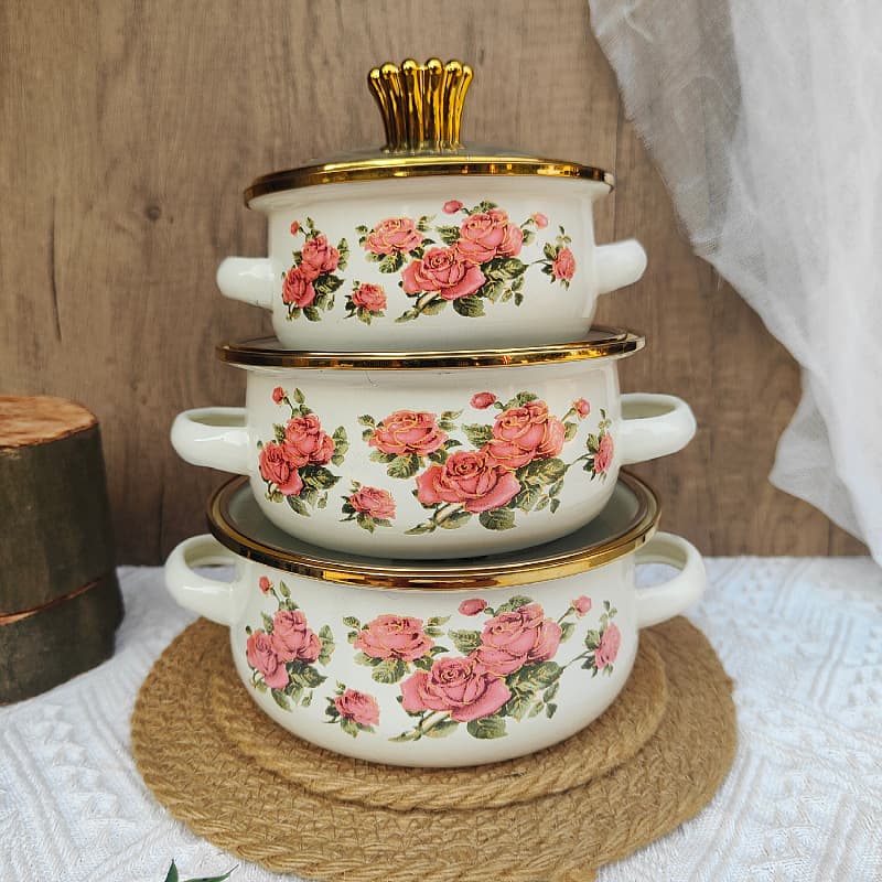 European and American Three-Piece Enameled Cast Iron Pot Set, Double-Handled Soup Pot, Stew Pot, Instant Noodle Bowl, Small Hot Pot, Lard Bowl, Household Soup Bowl