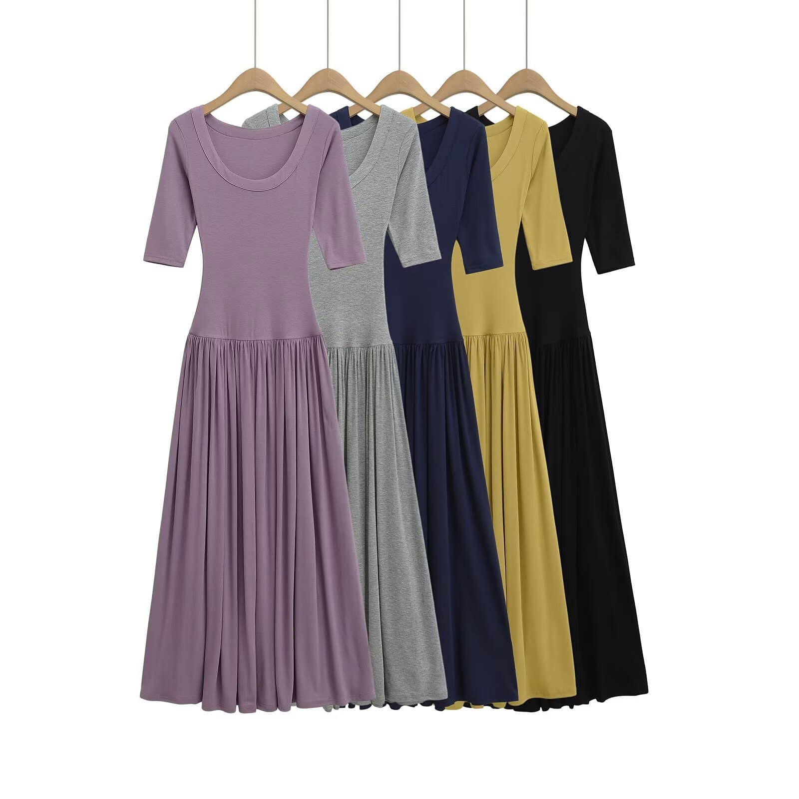 European and American Style College U-Neck Short-Sleeve T-Shirt Dress for Women Summer Fitted Patchwork Vacation Waist-Slimming Long Dress