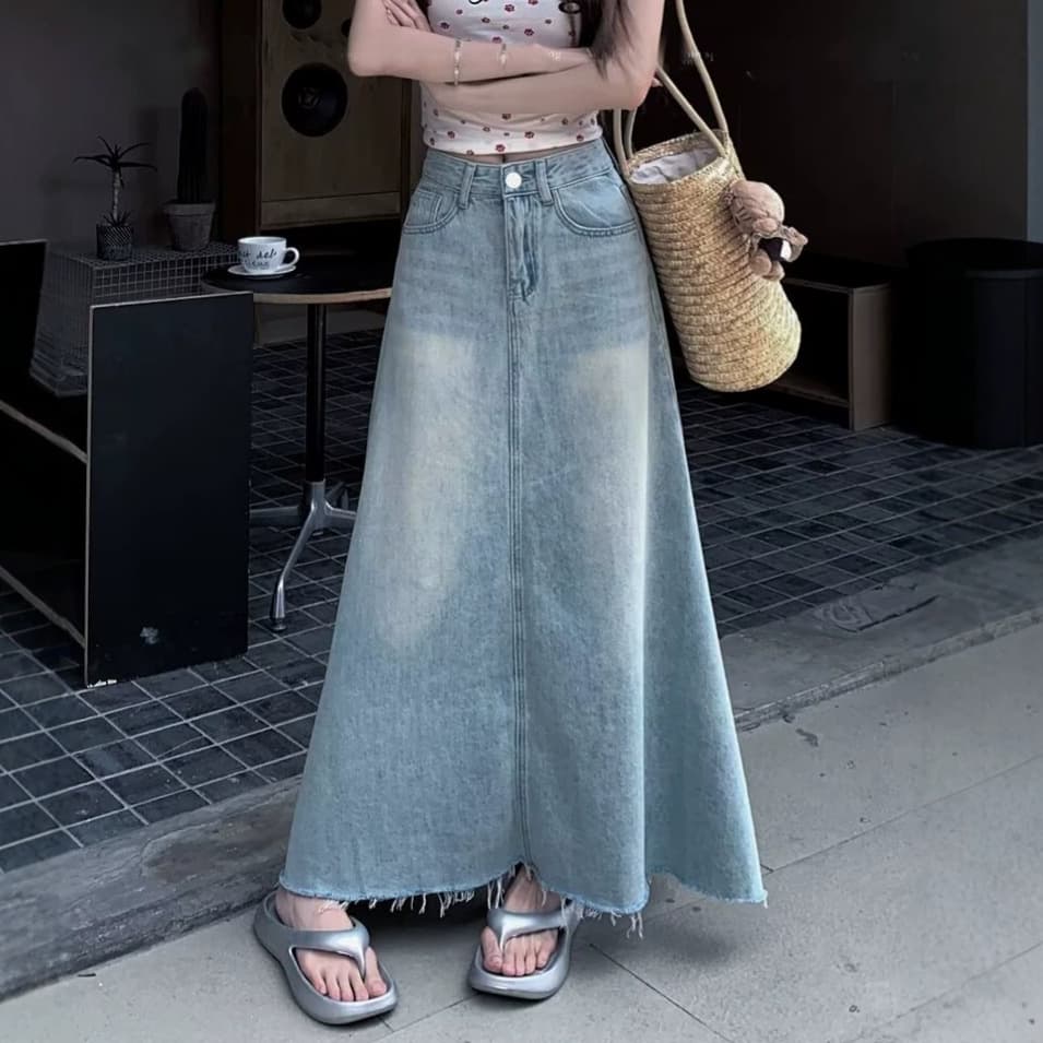 Casual denim half-length skirt for women summer new style raw edge loose wide skirt high waist versatile a-line denim skirt