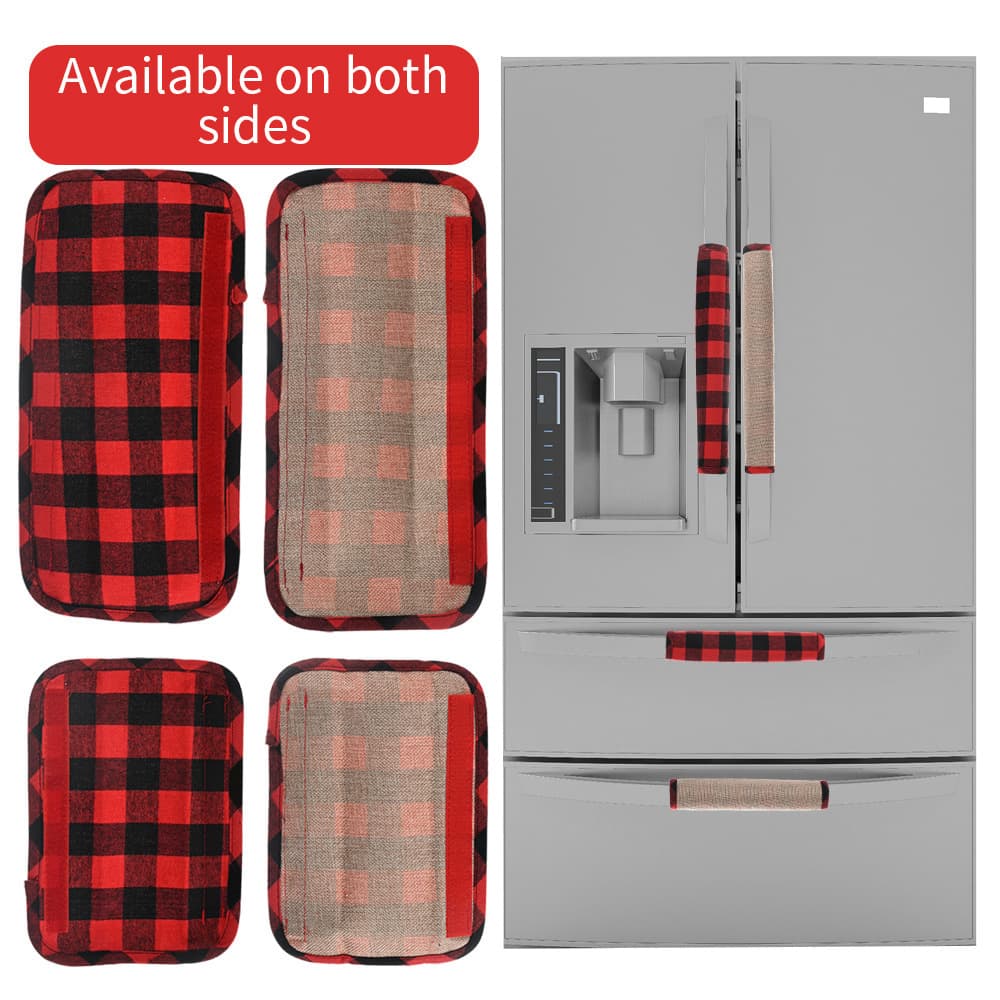 Haobei's new Christmas decoration red and black plaid linen handle gloves four-piece set refrigerator cover microwave oven handle gloves