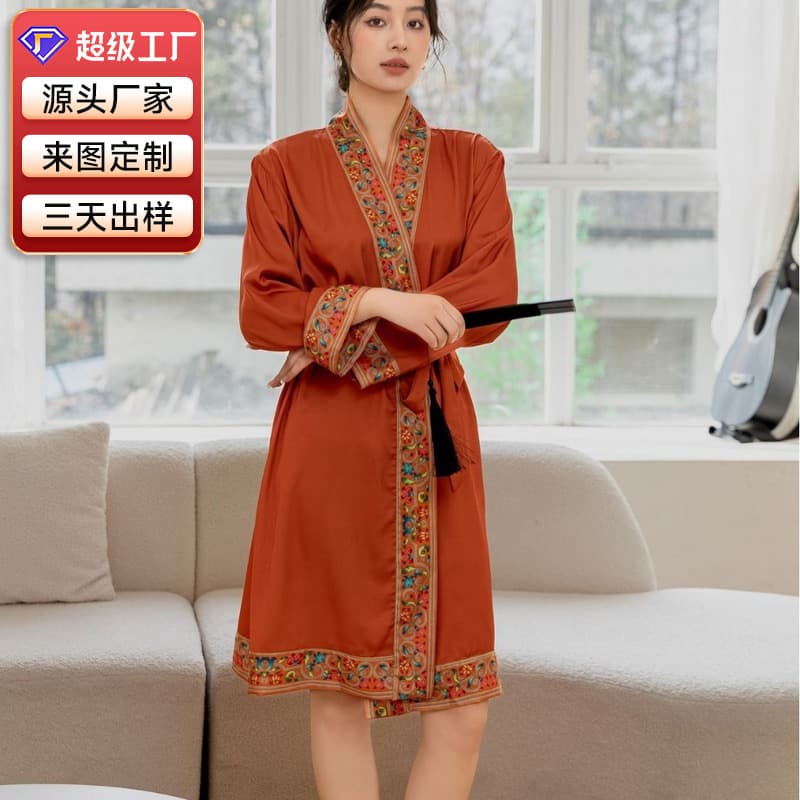 Wow! Custom-made ice silk bathrobe for women, plus size, spring and autumn, long-sleeved mid-length bathrobe, Chinese style home wear/pajamas.