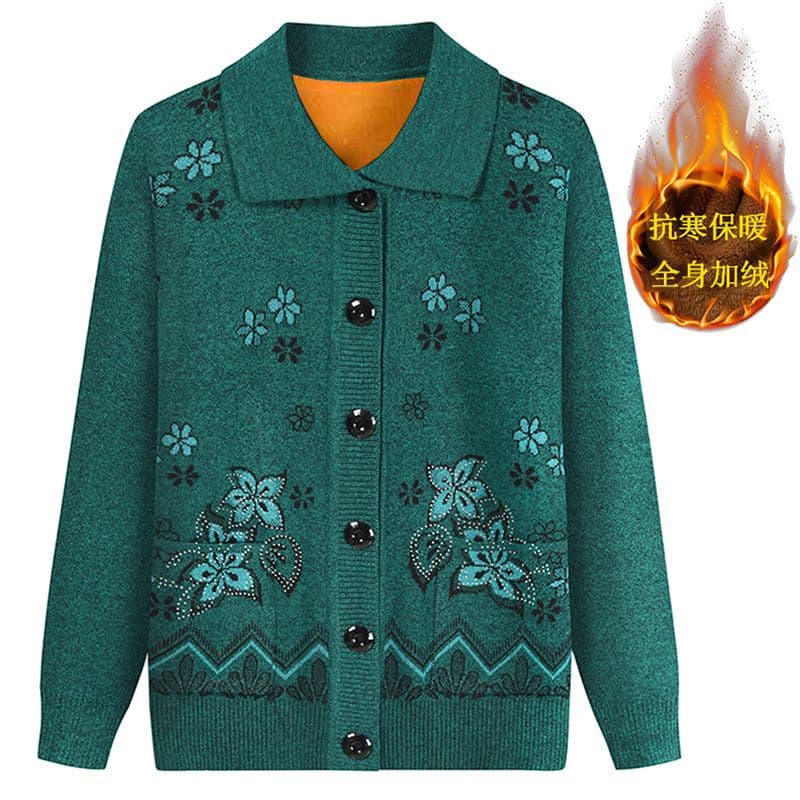 Women's Winter Fleece-Lined Thick Knit Cardigan Sweater for Elderly Mothers, Grandma's Turn-Down Collar Sweater