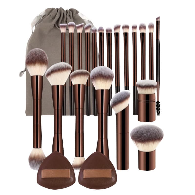 20pcs Coffee Aluminum Tube Makeup Brush Set Mushroom Head Powder Brush Retractable Makeup Brush with Non-Absorbent Powder Puff