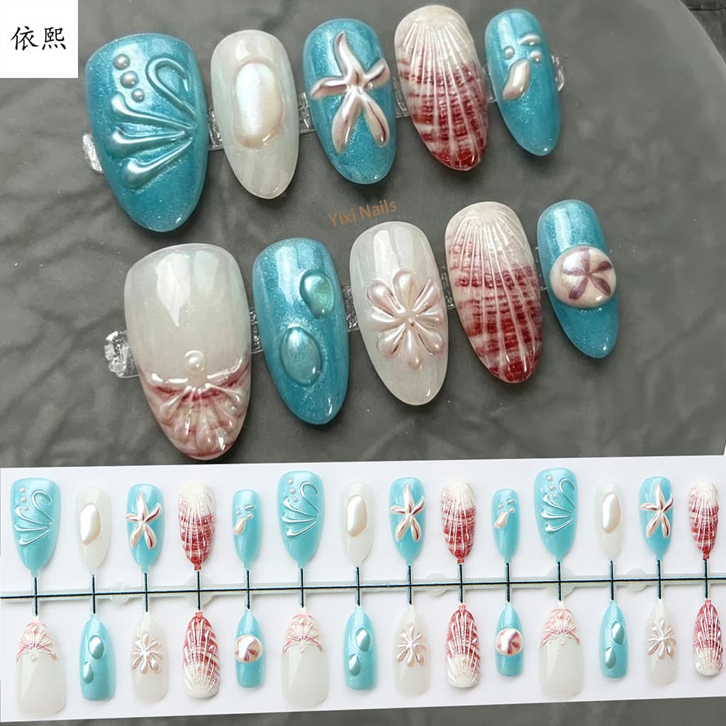 Island style almond manicure patch European and American summer three-dimensional carved ocean style wearable nail starfish shell nail patch