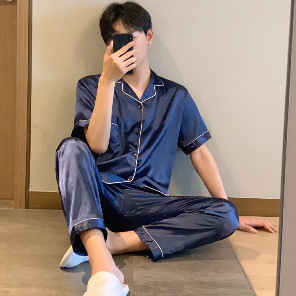 Men's European Size Short Sleeve Long Pants Stretch Satin Notch Lapel Button Down Pajama Set Solid Color Plus Size Silky