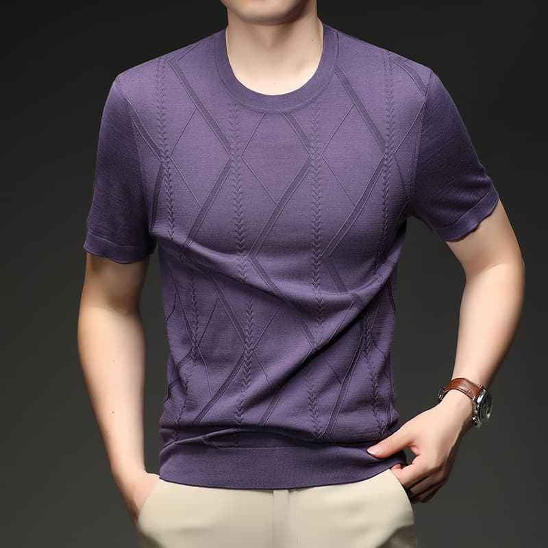 YINGAO Summer Men's Short-Sleeve Knit Top with Mulberry Silk, New Style, Youthful Fashion Round Neck Jacquard Stripe Sweater