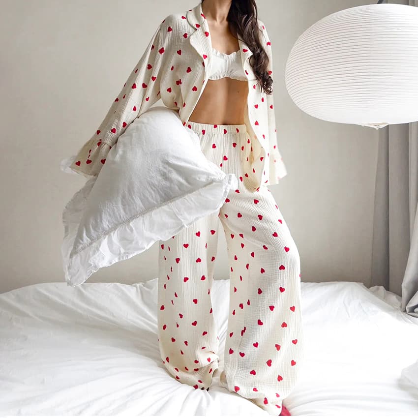 European and American Style Pure Cotton Heart Print Long Sleeve Pajama Set 2025 Winter New Soft Skin-Friendly Women's Homewear